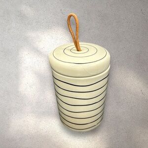 LEIF ceramic round jar with lid leather pull repaired